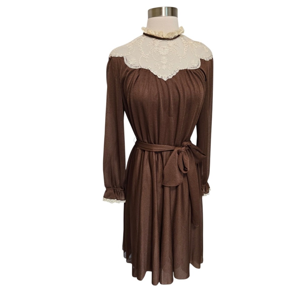Womens Vintage Brown Prairie Dress Lace Yoke Cottagecore‎